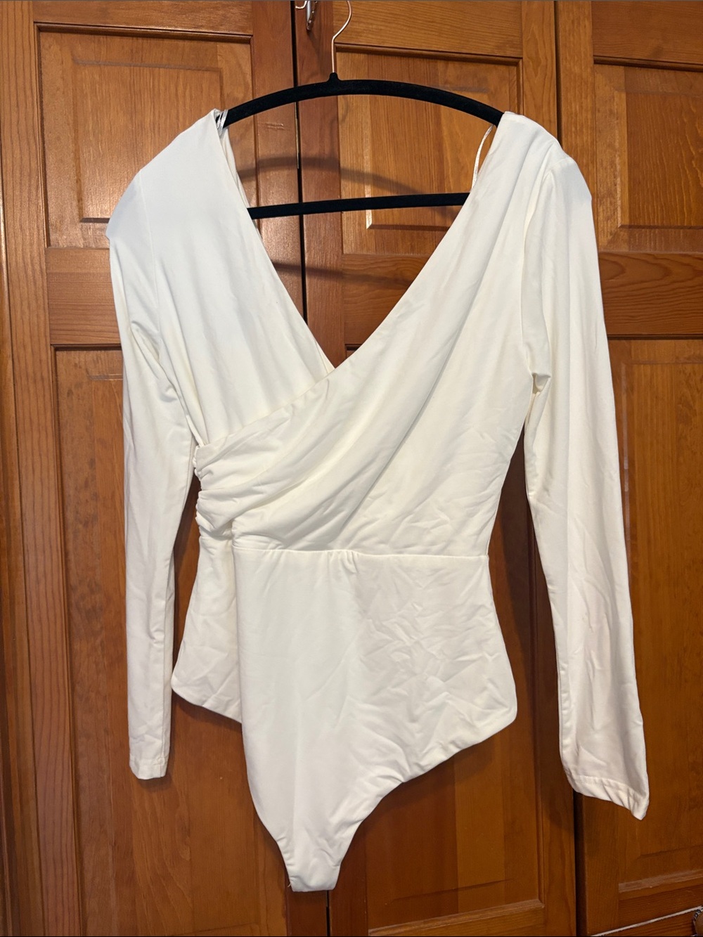 Oh Polly White Long-Sleeve Wrap V-Neck Bodysuit size 12 or large